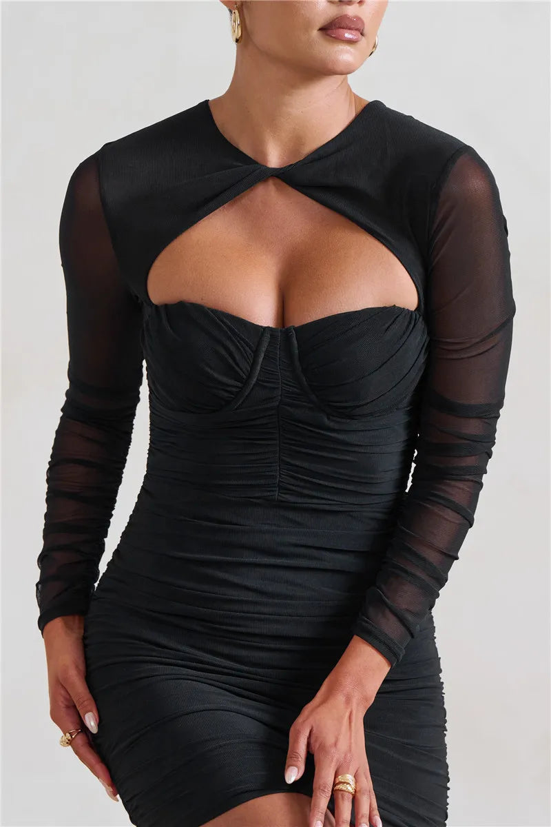 Hollow Out Ruched Mini Dress Two Layer Mesh Sheer Long Sleeve Bodycon Party Short Dress