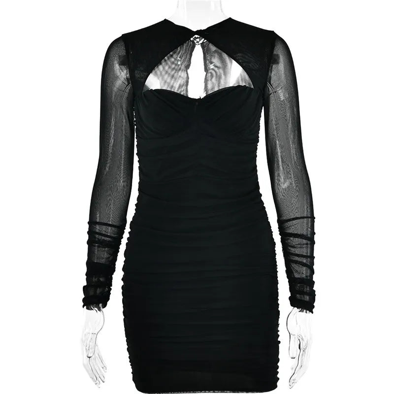 Hollow Out Ruched Mini Dress Two Layer Mesh Sheer Long Sleeve Bodycon Party Short Dress