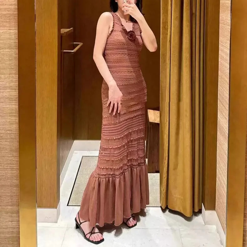 Hollow Out Ruffle V Neck Office Lady Edge Vest Crochet Knit Dress