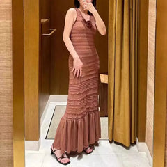 Hollow Out Ruffle V Neck Office Lady Edge Vest Crochet Knit Dress