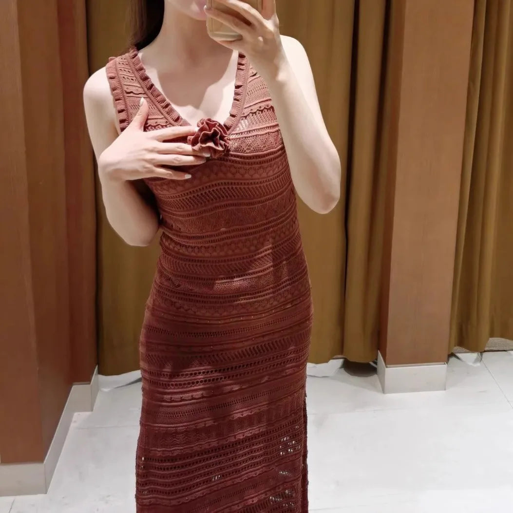 Hollow Out Ruffle V Neck Office Lady Edge Vest Crochet Knit Dress