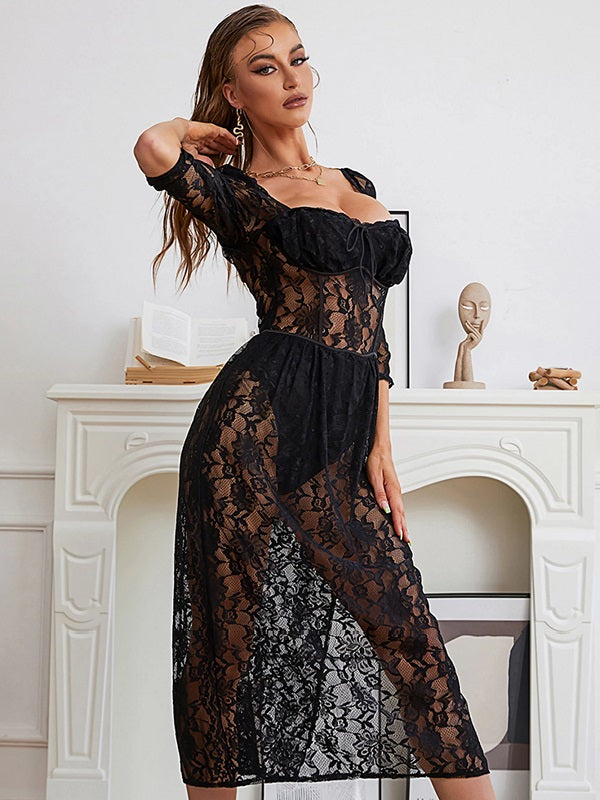 Hollow Out See Through Half Sleeve Party Dress