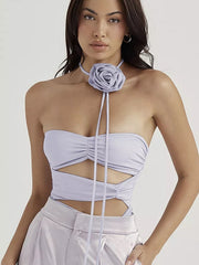 Hollow Out Strapless Flower Mesh Dress