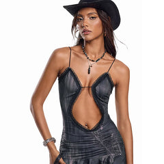 Hollow Out Sleeveless V Neck Ruched Ruffles Backless Bodycon Mini Dress