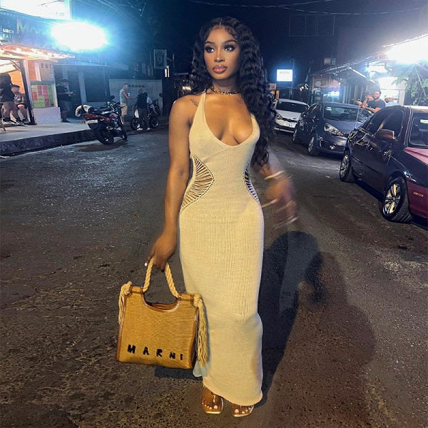 Hollow Out Solid Color Backless Maxi Dress