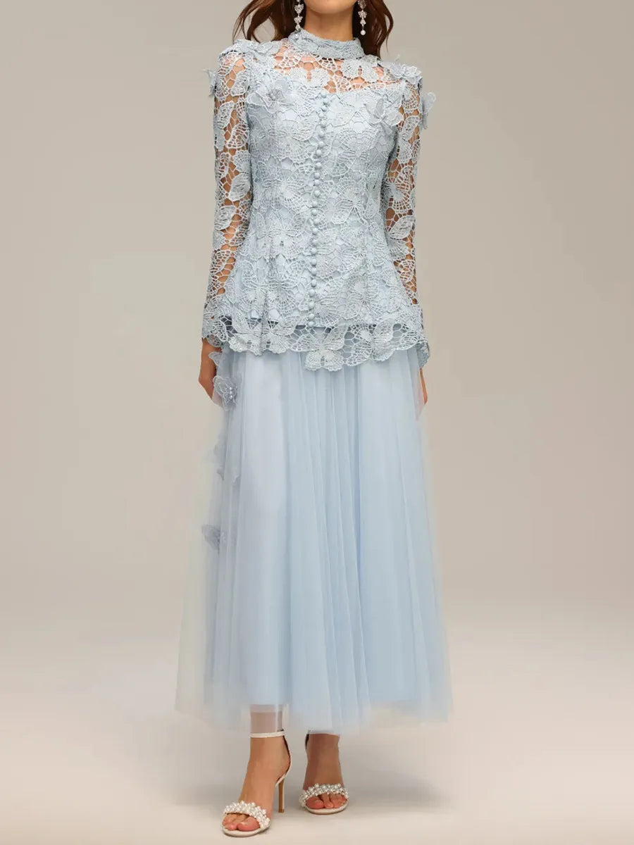 Hollow Out Spliced Lace Round Neck Long Sleeves Top High Waist Skirt Sets