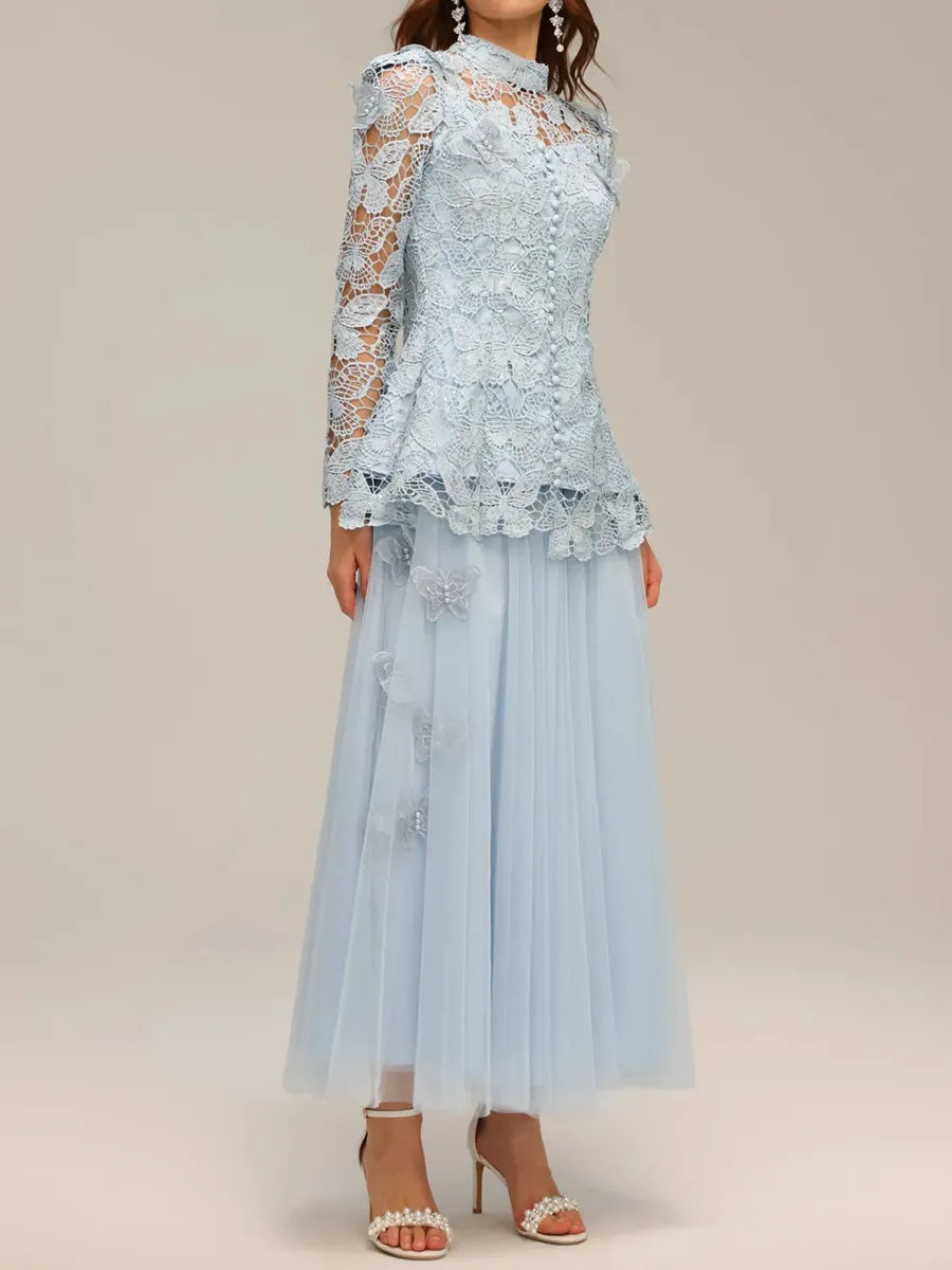 Hollow Out Spliced Lace Round Neck Long Sleeves Top High Waist Skirt Sets