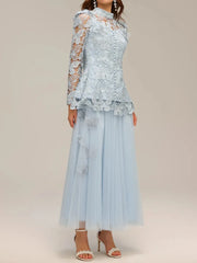 Hollow Out Spliced Lace Round Neck Long Sleeves Top High Waist Skirt Sets