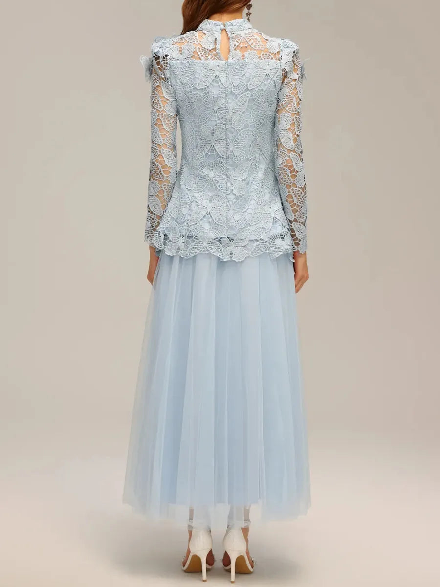Hollow Out Spliced Lace Round Neck Long Sleeves Top High Waist Skirt Sets