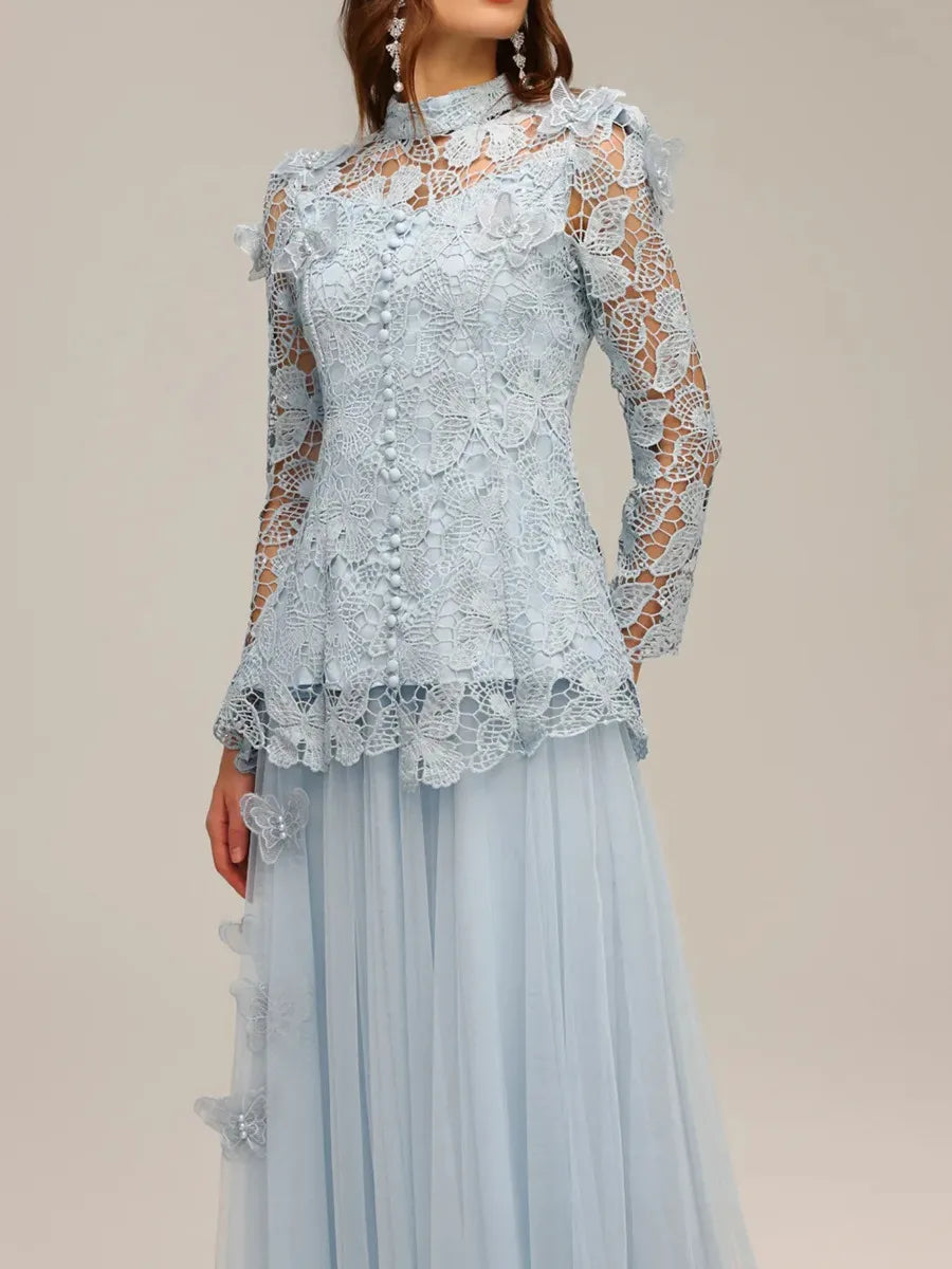 Hollow Out Spliced Lace Round Neck Long Sleeves Top High Waist Skirt Sets