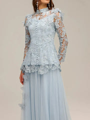 Hollow Out Spliced Lace Round Neck Long Sleeves Top High Waist Skirt Sets