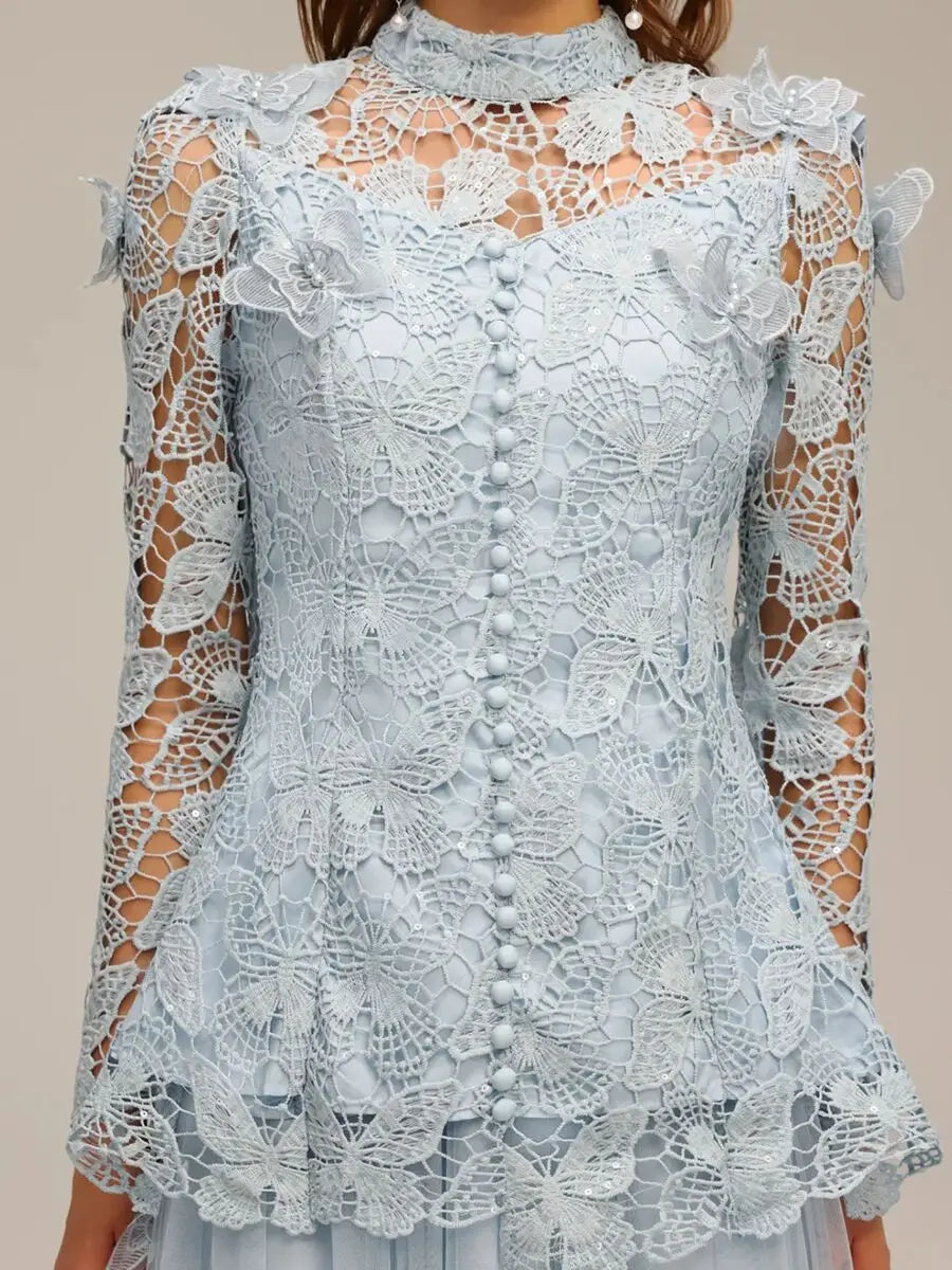 Hollow Out Spliced Lace Round Neck Long Sleeves Top High Waist Skirt Sets