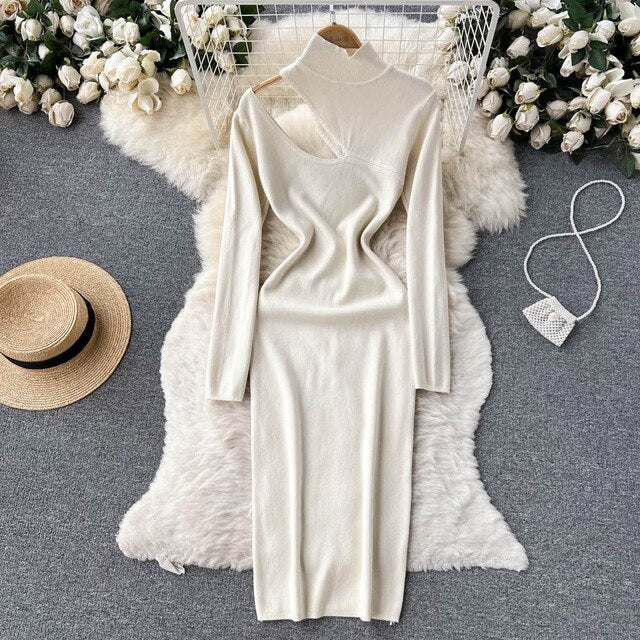 Hollow Out Stand Neck Long Sleeve Slim Dress