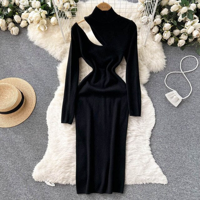 Hollow Out Stand Neck Long Sleeve Slim Dress