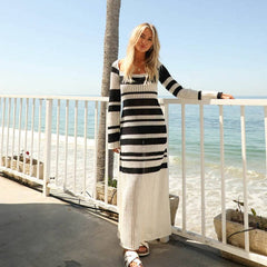 Hollow Out Stripe Color Blocking Round Neck Knitted Dress
