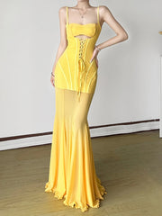 Hollow Out Trumpet Beach Style Slim Slash Neck Sleeveless Maxi Dresses
