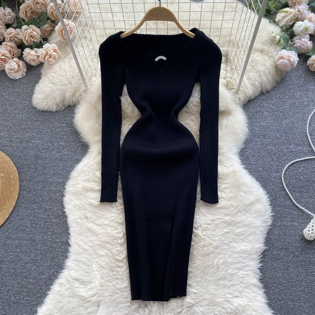 Hollow Out V Neck Long Sleeve Slim Midi Dress