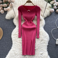 Hollow Out V Neck Long Sleeve Slim Midi Dress
