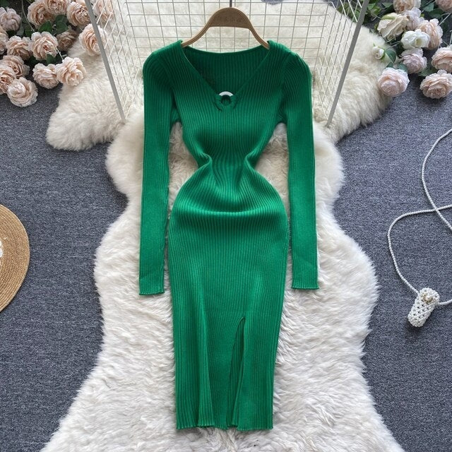 Hollow Out V Neck Long Sleeve Slim Midi Dress