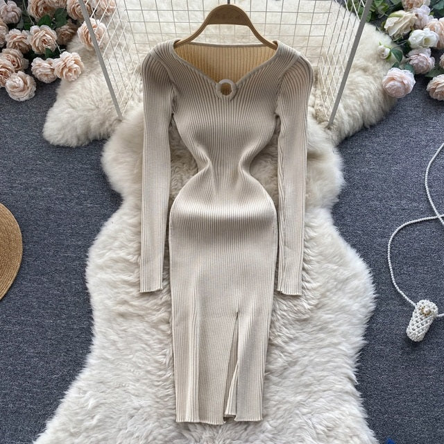 Hollow Out V Neck Long Sleeve Slim Midi Dress