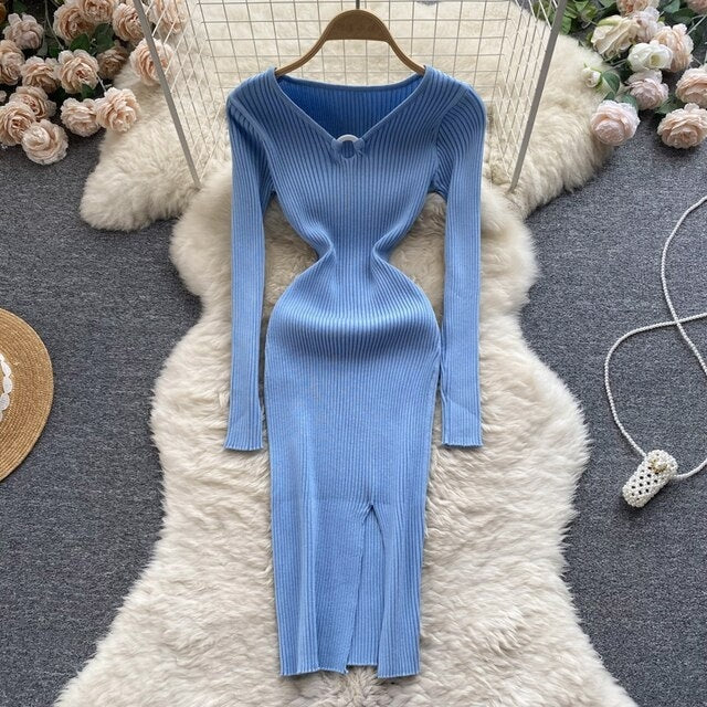 Hollow Out V Neck Long Sleeve Slim Midi Dress