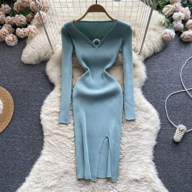 Hollow Out V Neck Long Sleeve Slim Midi Dress