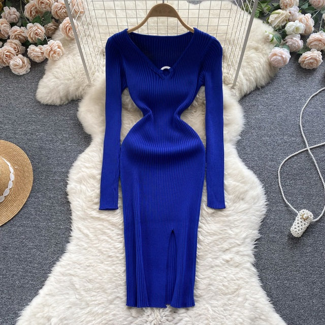 Hollow Out V Neck Long Sleeve Slim Midi Dress