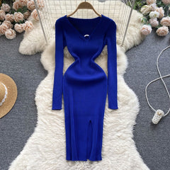 Hollow Out V Neck Long Sleeve Slim Midi Dress