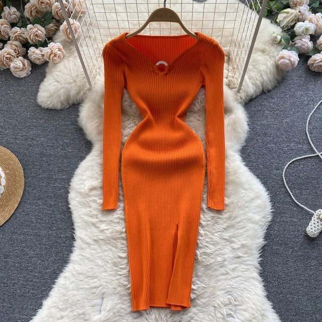Hollow Out V Neck Long Sleeve Slim Midi Dress