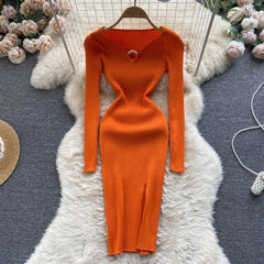 Hollow Out V Neck Long Sleeve Slim Midi Dress