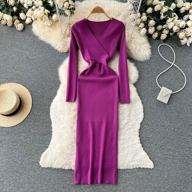 Hollow Out V Neck Long Sleeve Sweater Dress