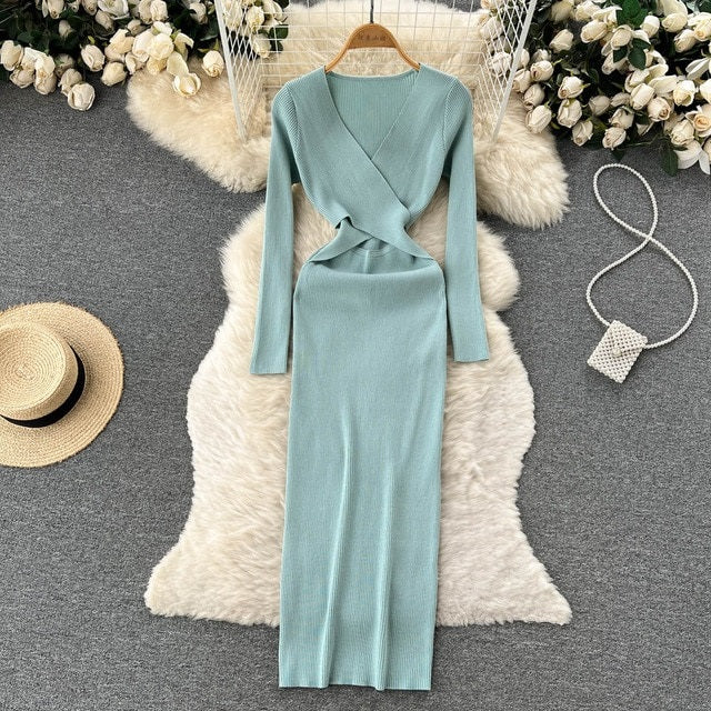 Hollow Out V Neck Long Sleeve Sweater Dress