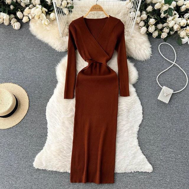 Hollow Out V Neck Long Sleeve Sweater Dress