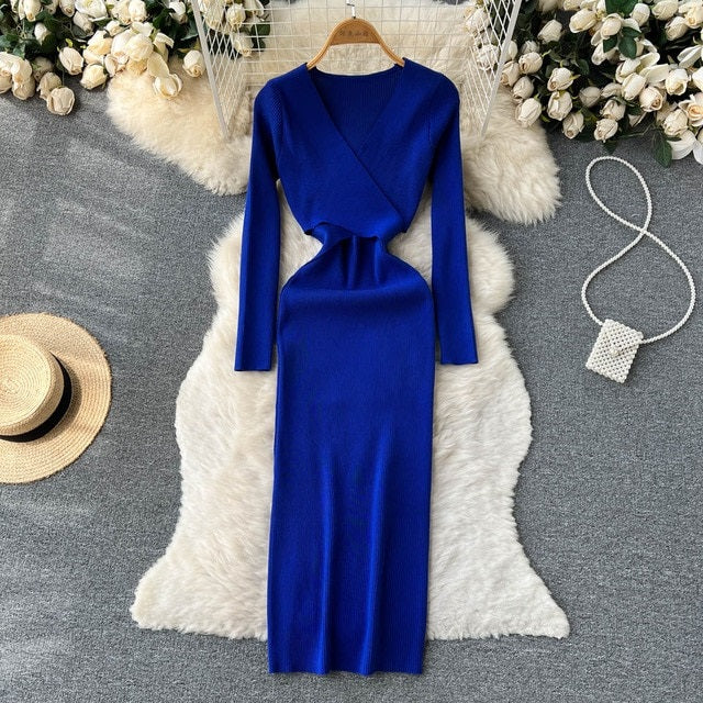 Hollow Out V Neck Long Sleeve Sweater Dress