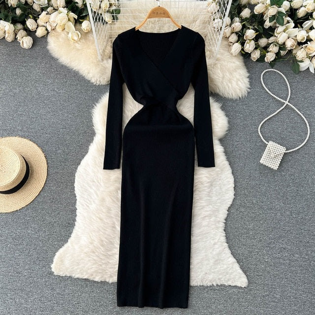Hollow Out V Neck Long Sleeve Sweater Dress