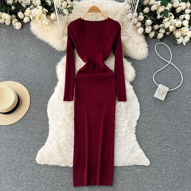 Hollow Out V Neck Long Sleeve Sweater Dress