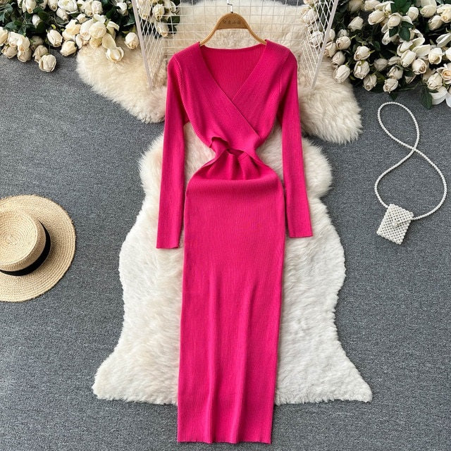 Hollow Out V Neck Long Sleeve Sweater Dress