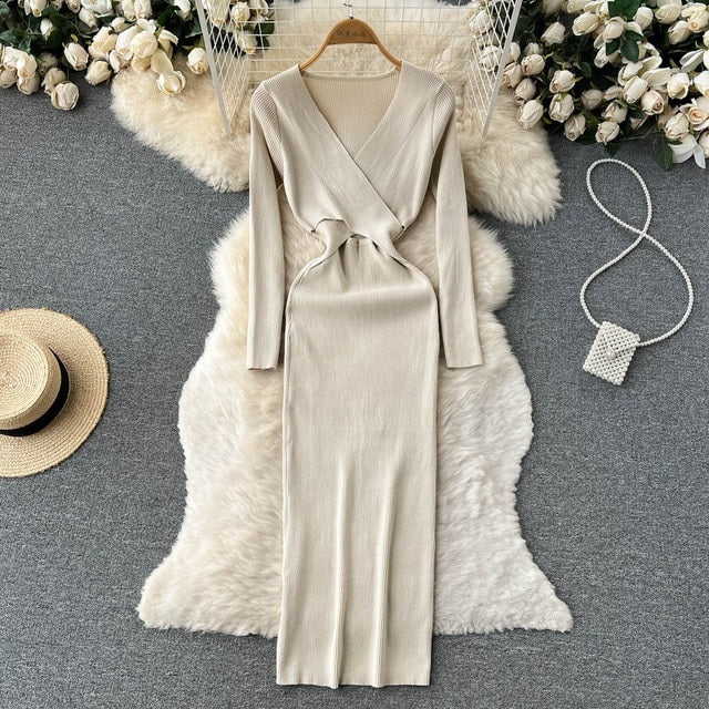 Hollow Out V Neck Long Sleeve Sweater Dress
