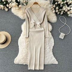 Hollow Out V Neck Long Sleeve Sweater Dress