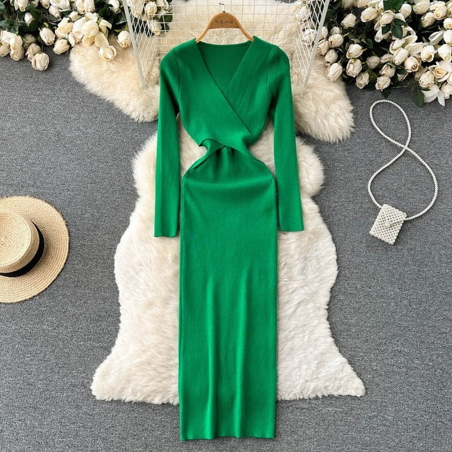 Hollow Out V Neck Long Sleeve Sweater Dress