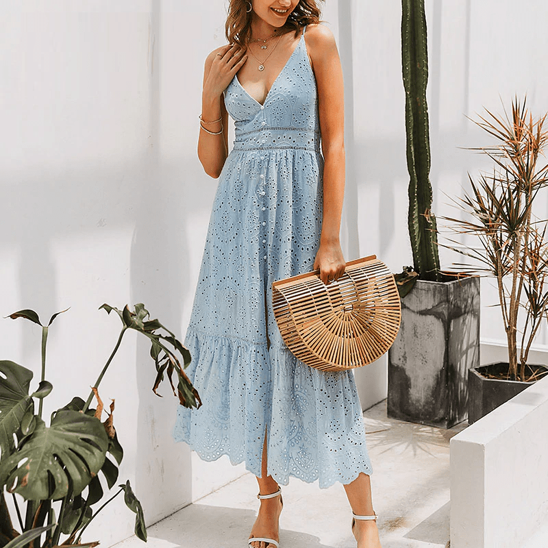 Hollow out embroidery maxi cotton dresses
