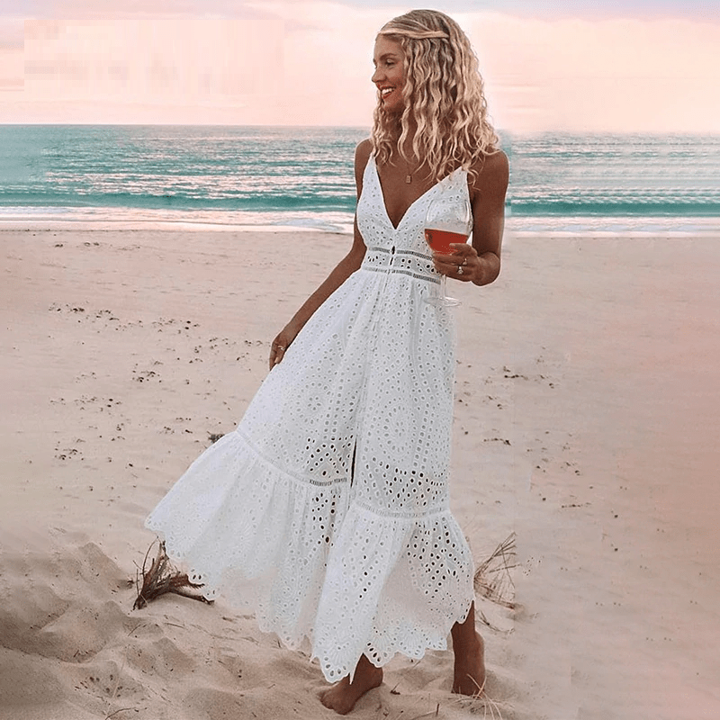 Hollow out embroidery maxi cotton dresses