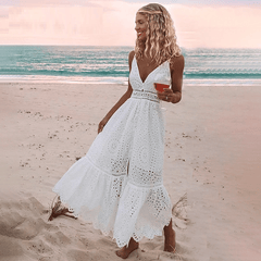 Hollow out embroidery maxi cotton dresses