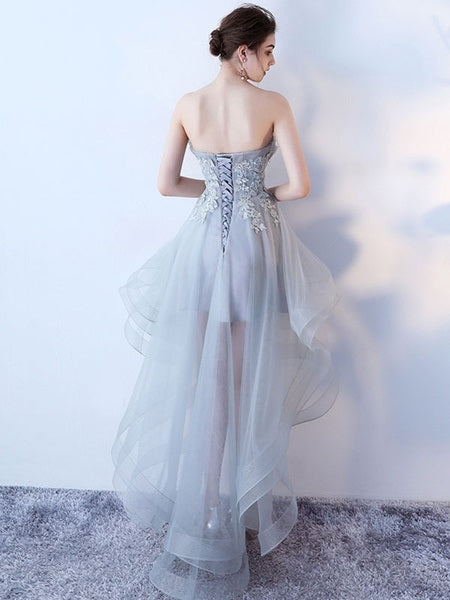 Strapless Applique A Line High Low Tulle Asymmetrical Prom Dresses