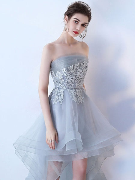 Strapless Applique A Line High Low Tulle Asymmetrical Prom Dresses