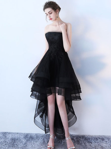 Strapless Applique A Line High Low Tulle Asymmetrical Prom Dresses