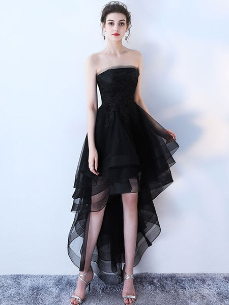 Strapless Applique A Line High Low Tulle Asymmetrical Prom Dresses