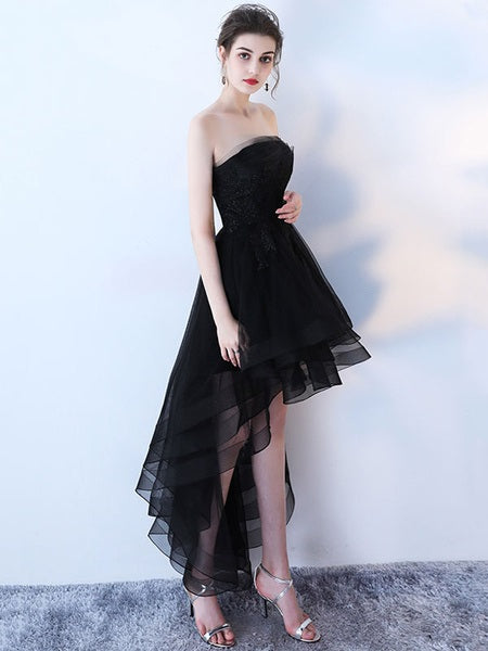 Strapless Applique A Line High Low Tulle Asymmetrical Prom Dresses