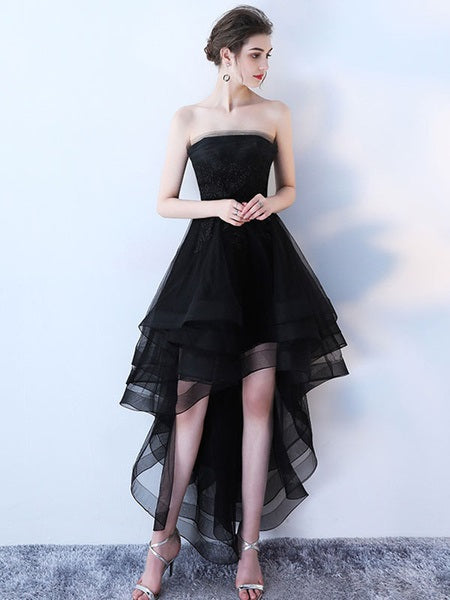 Strapless Applique A Line High Low Tulle Asymmetrical Prom Dresses