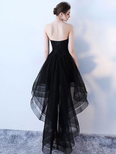 Strapless Applique A Line High Low Tulle Asymmetrical Prom Dresses